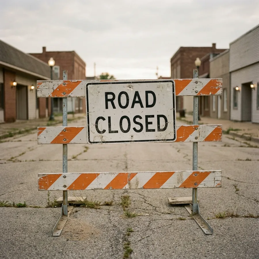 A weathered orange and white barricade standing across an empty main street, its sign reading ROAD CLOSED. Buildings line both sides with their lights still on. Nobody is there.